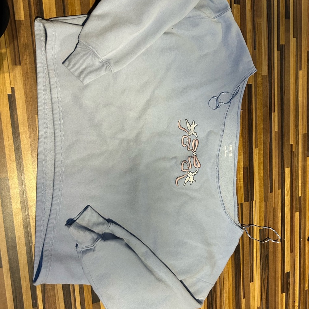 Hollister Blue Off the Shoulder Sweatshirt with Pink Embroidery